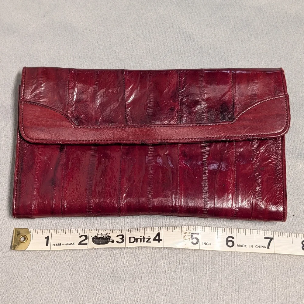 Vintage Burgundy Genuine Eel SkinLeather Trifold Wallet